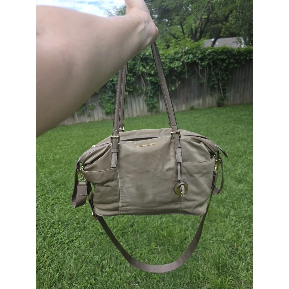 Michael Kors Nylon Diaper Bag Tan Khaki Gold Hardware Tote Crossbody Handbag